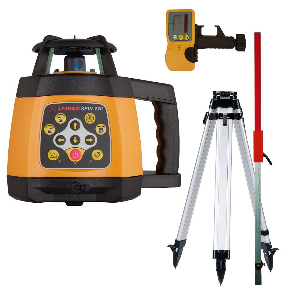 Lamigo SPIN220 Többfunkciós automata szintező forgólézer (vsz., függ és dőltsík kitűző), akkumulátorral, érzékelővel, lécadapterrel, üzembe helyezve, betanítva, 100% hatékonyság garanciával, termék fő termékképe